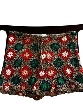 Zara Knit Multicolor Crochet High-Waist Shorts - Red, Green, White, Tan